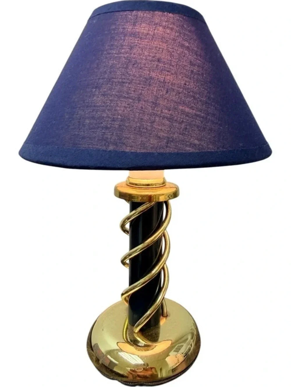 Vintage 1998 Art Deco Table Lamp Navy Blue Gold Spiral Column Fabric Shade